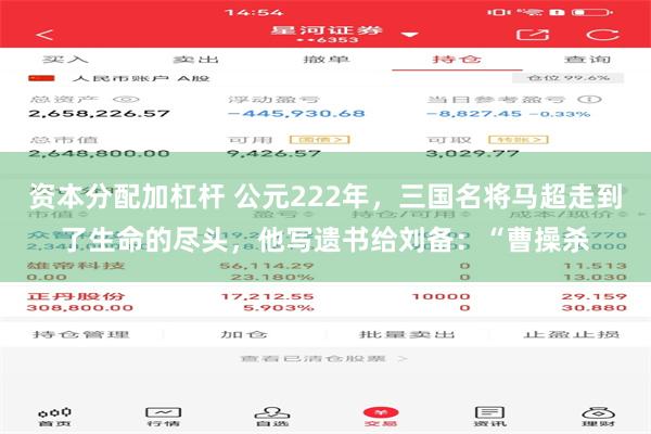 资本分配加杠杆 公元222年，三国名将马超走到了生命的尽头，他写遗书给刘备：“曹操杀